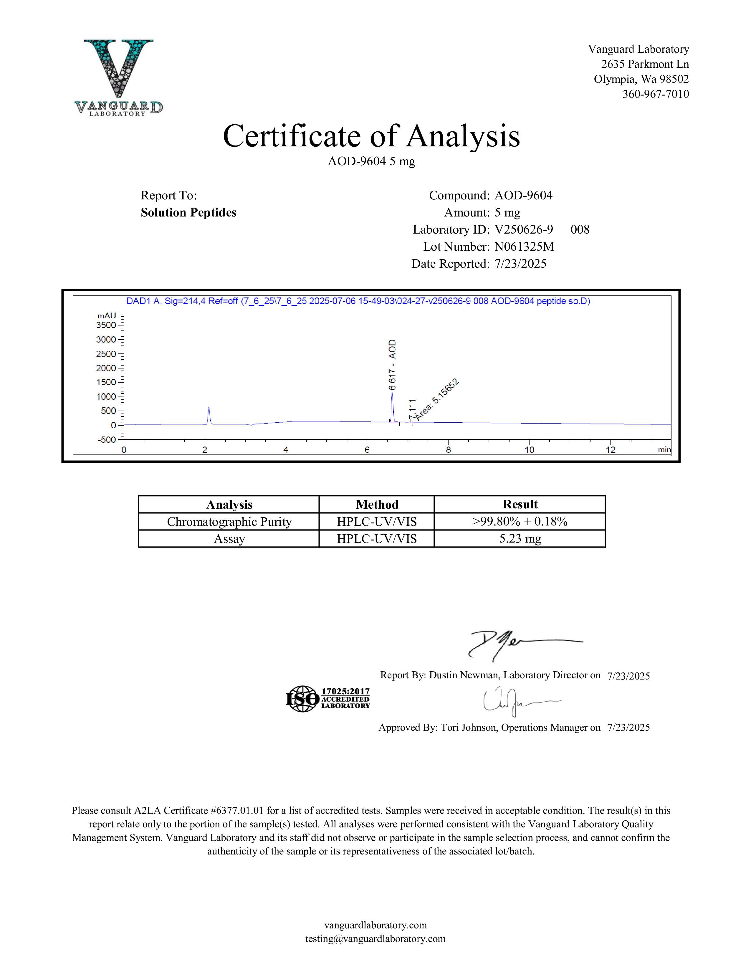 AOD-9604 (5mg) Certificate of Analysis from Solution Peptides