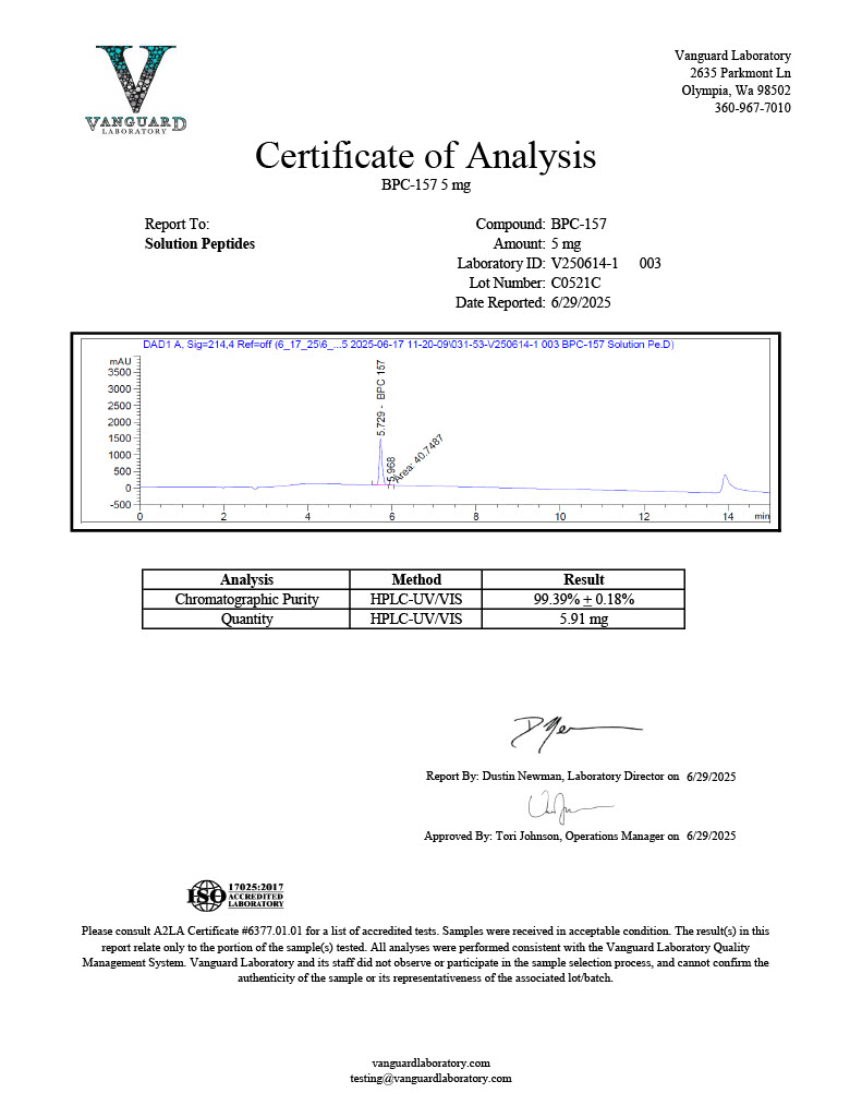 BPC-157 (5mg) Certificate of Analysis from Solution Peptides