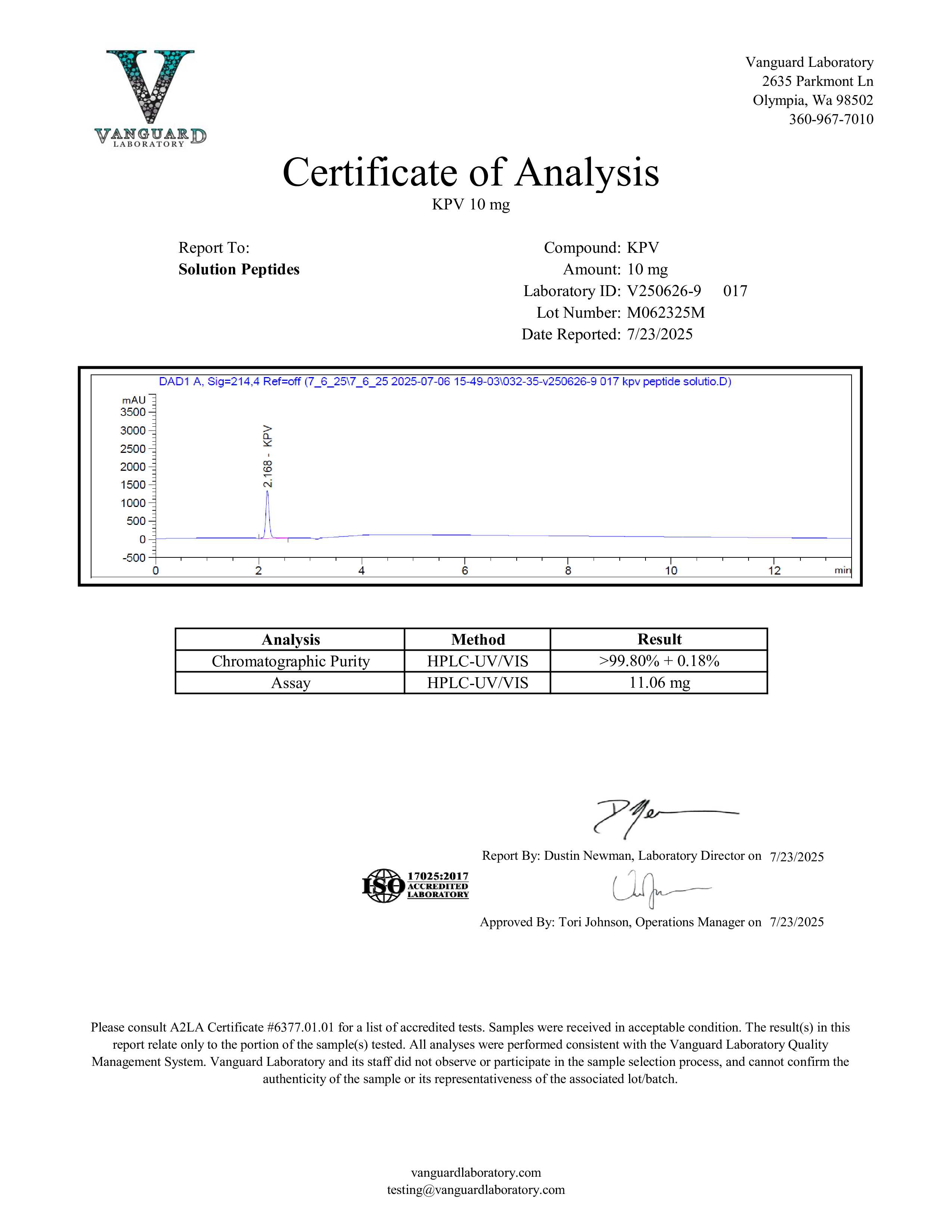 KPV (10mg) Certificate of Analysis from Solution Peptides