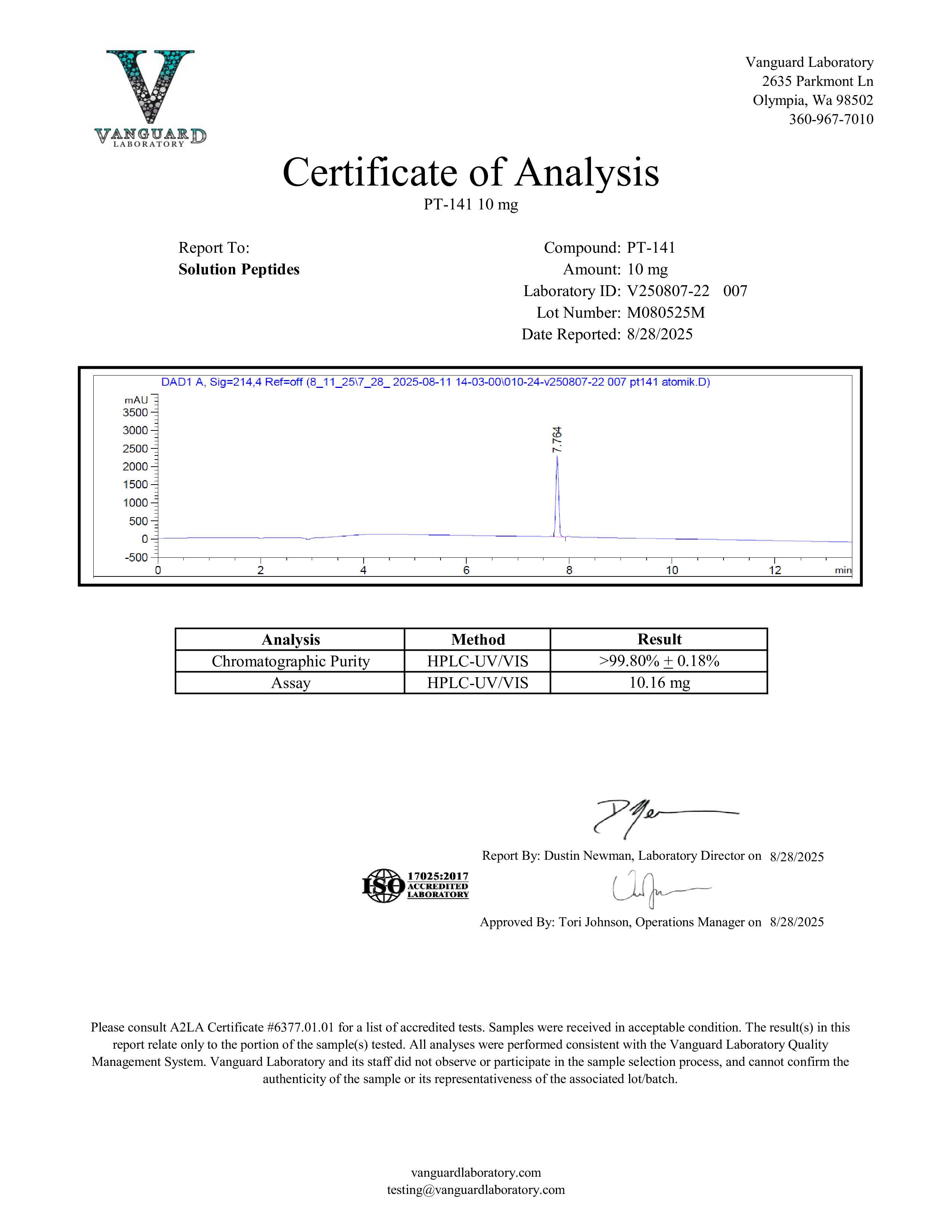PT-141 (10mg) Certificate of Analysis from Solution Peptides