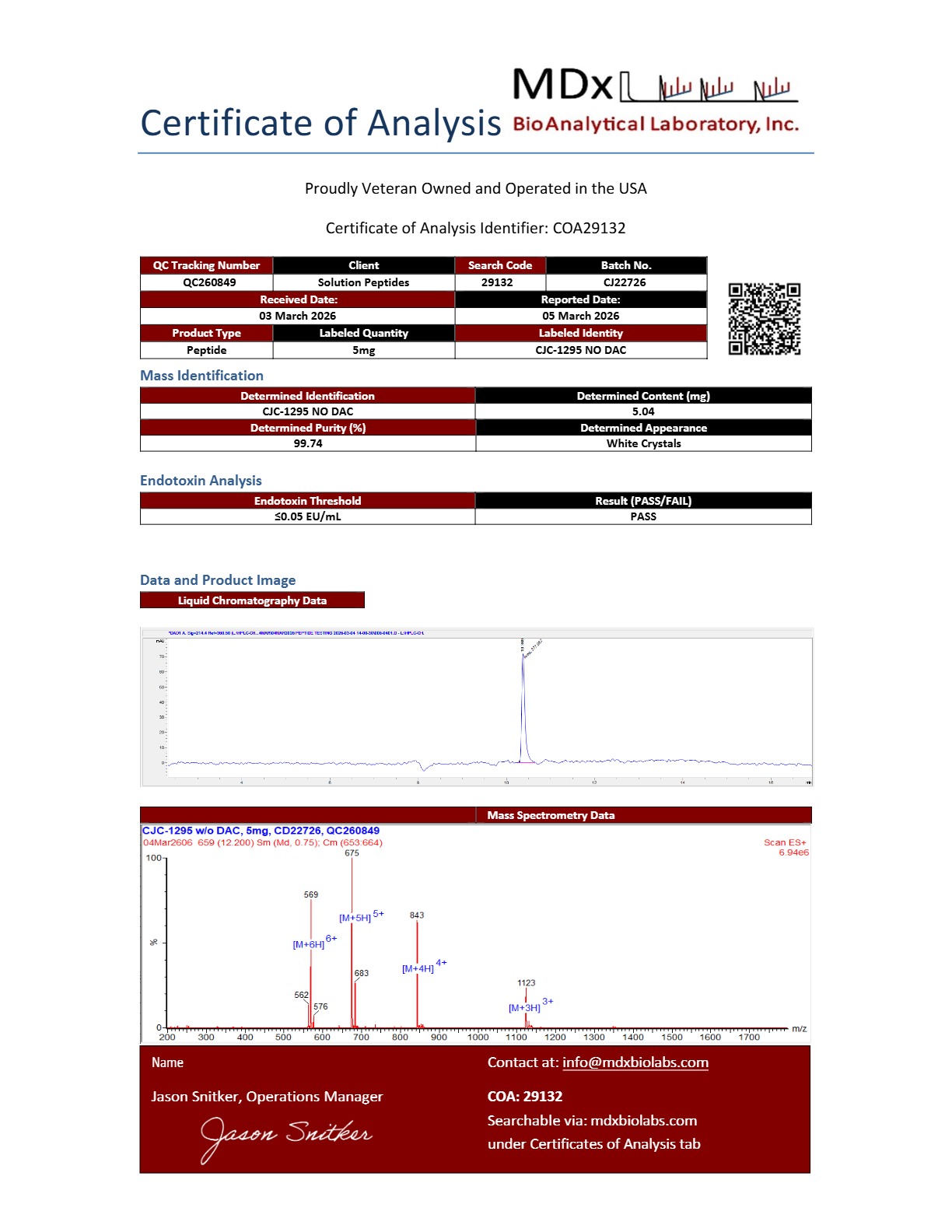 CJC-1295 (No DAC) (5mg) Certificate of Analysis from Solution Peptides