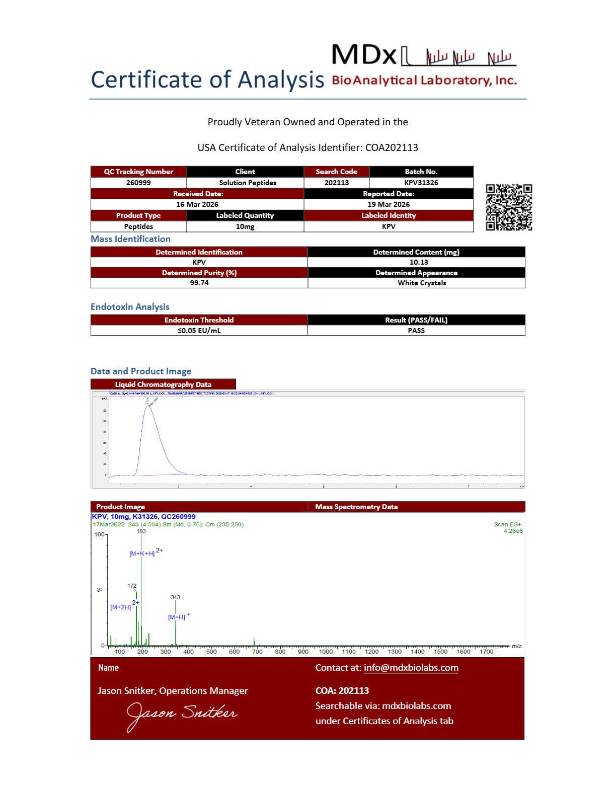 KPV (10mg) Certificate of Analysis from Solution Peptides