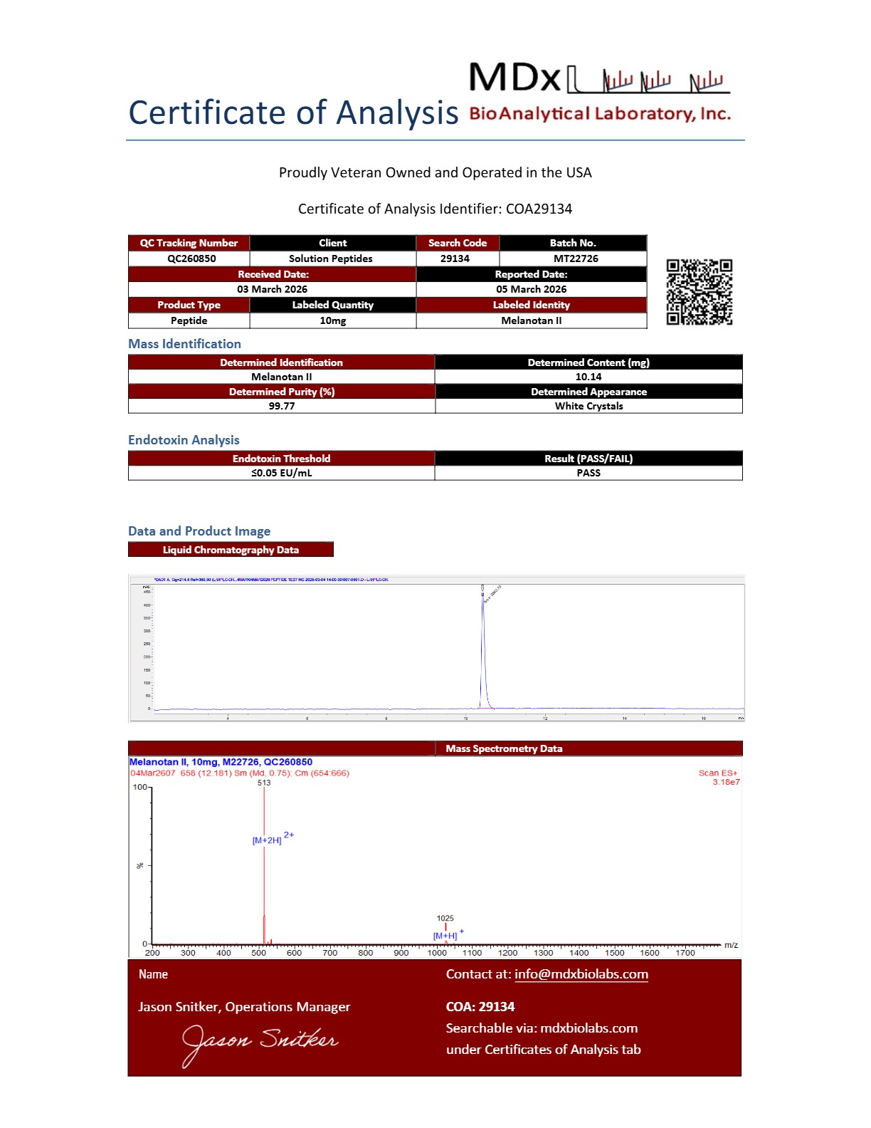 Melanotan-2 (10mg) Certificate of Analysis from Solution Peptides