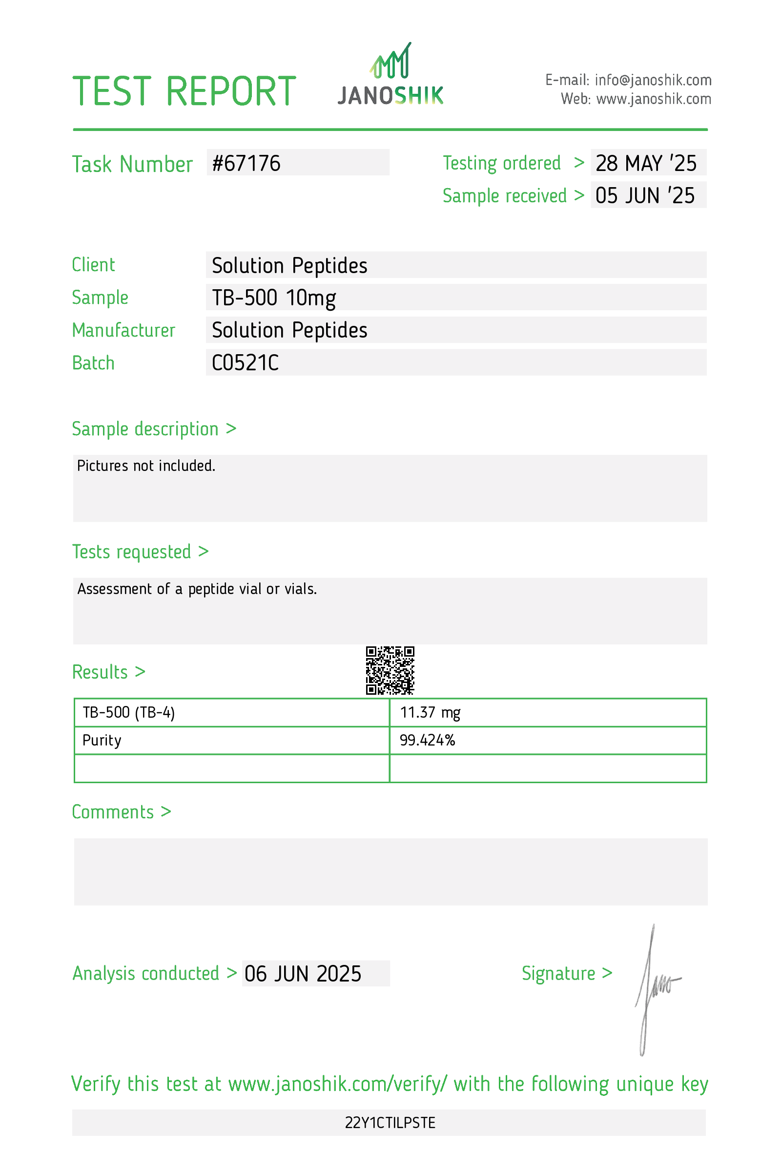 TB-500 (10mg) Certificate of Analysis from Solution Peptides