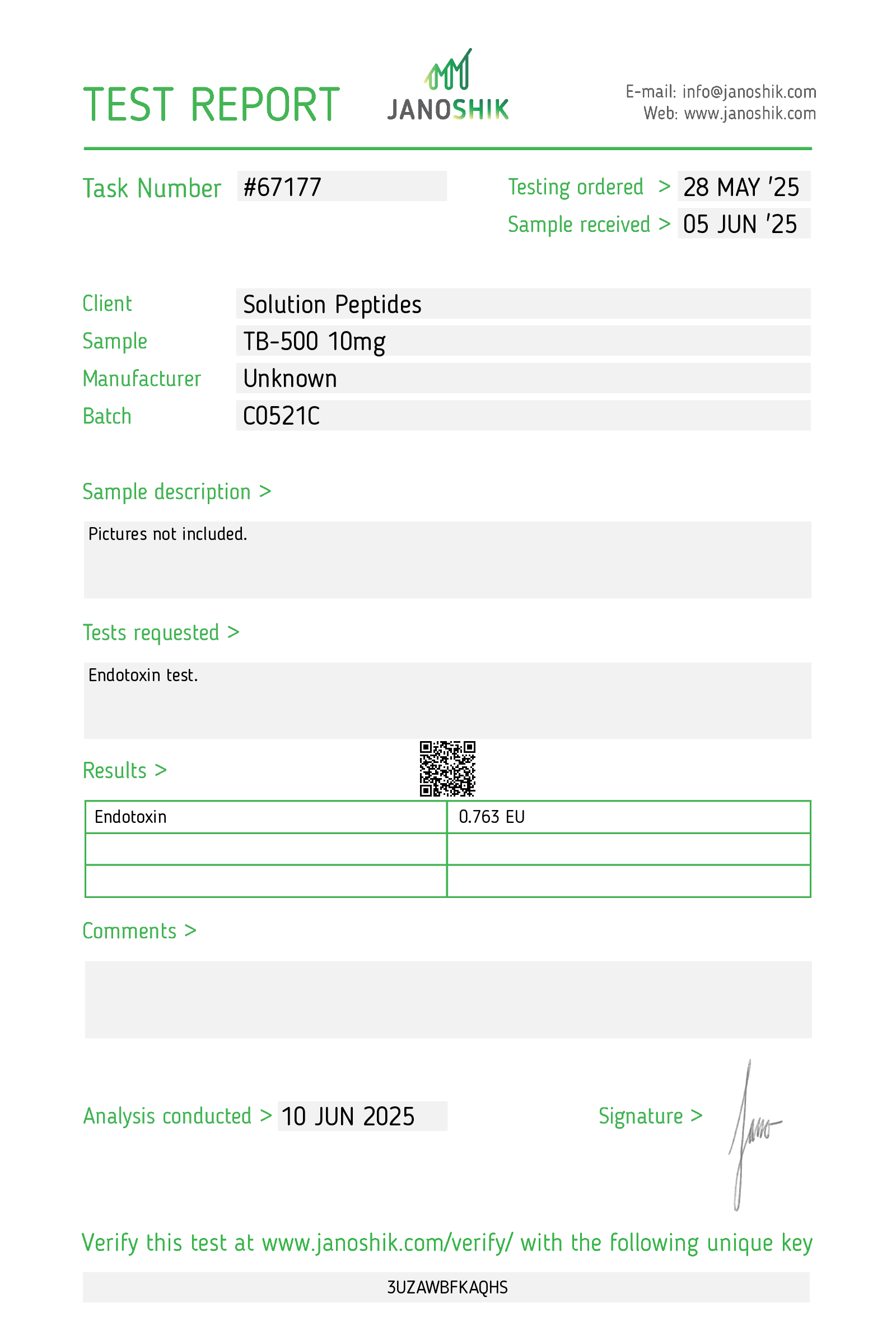 TB-500 (10mg) Certificate of Analysis from Solution Peptides