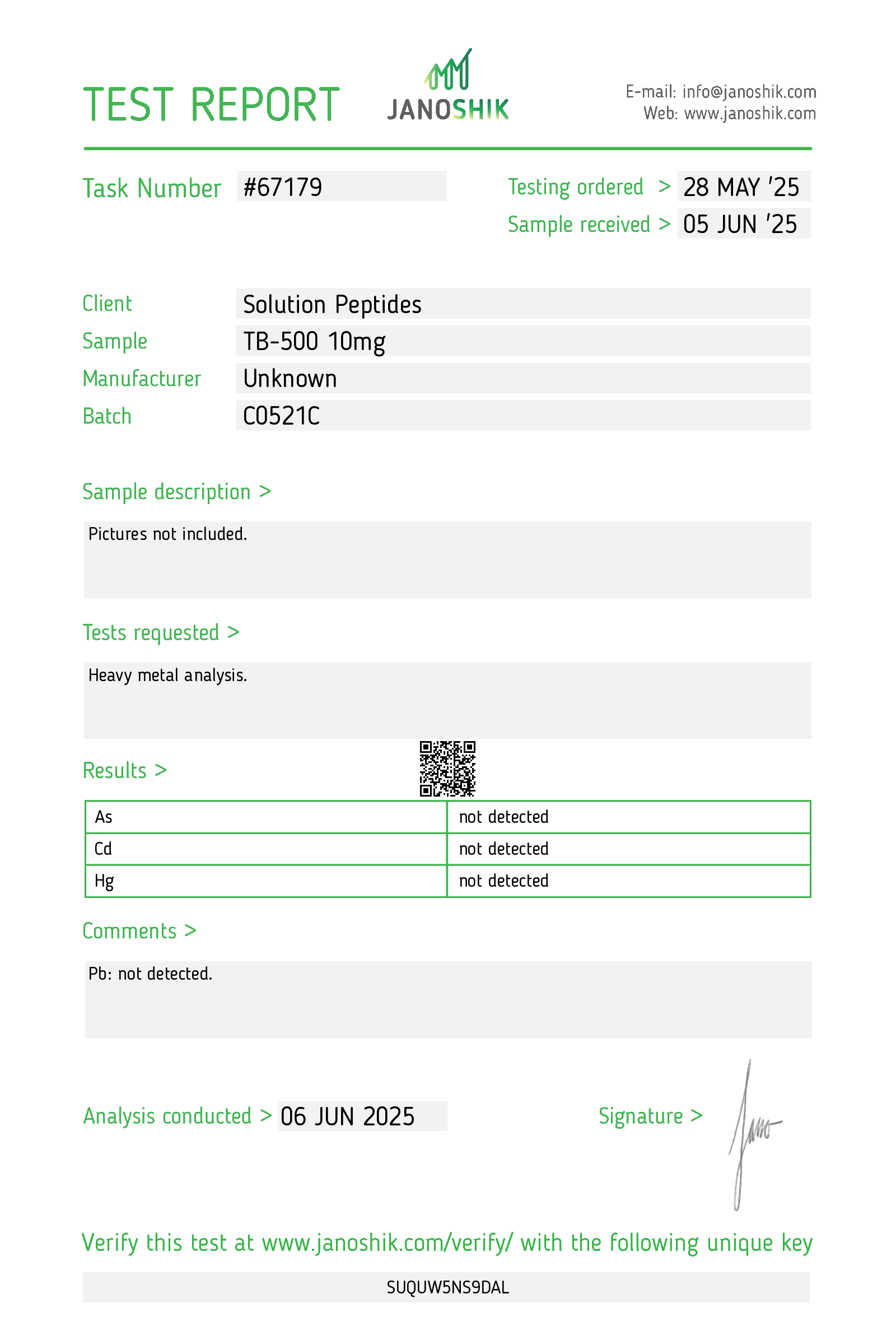 TB-500 (10mg) Certificate of Analysis from Solution Peptides
