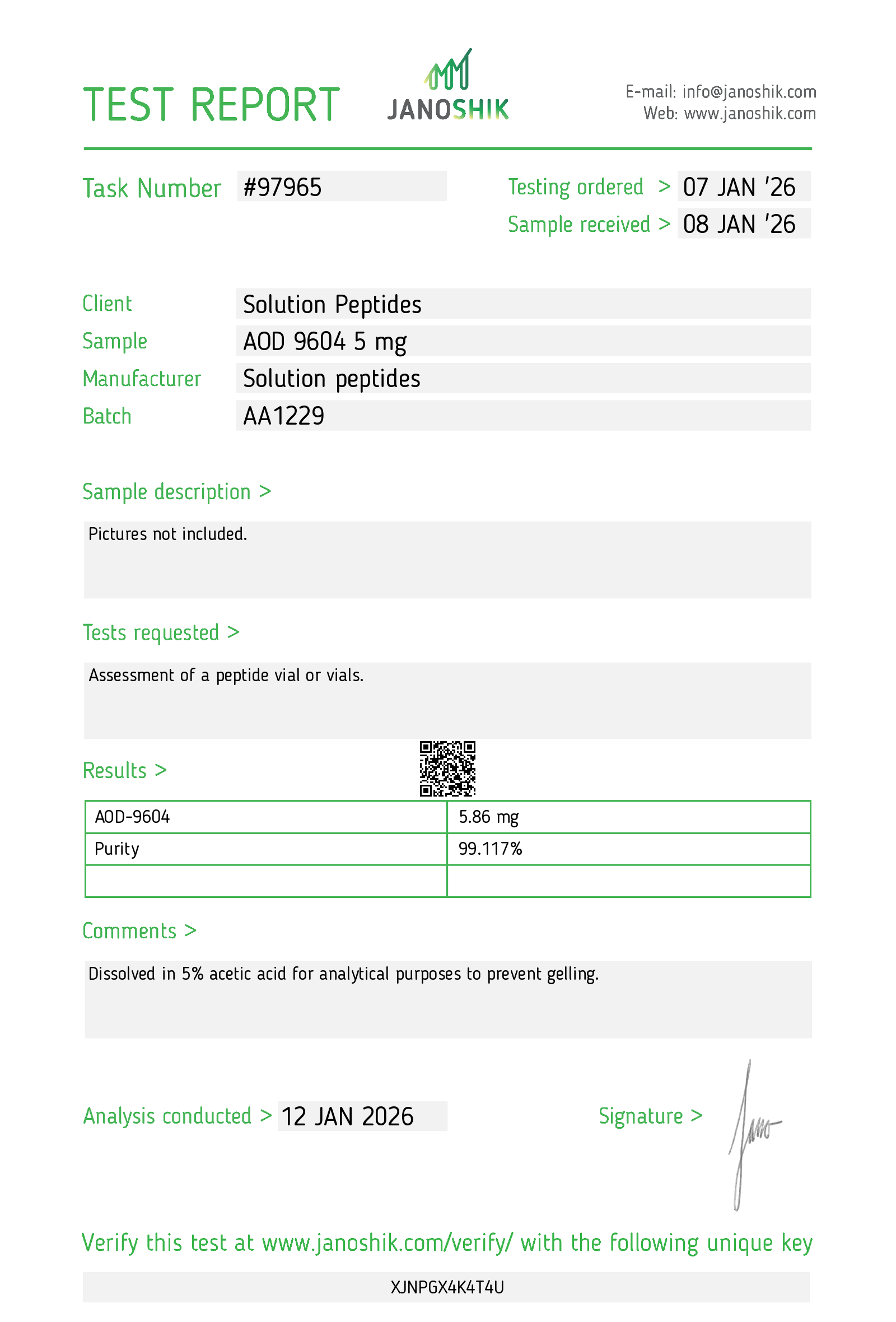 AOD-9604 (5mg) Certificate of Analysis from Solution Peptides