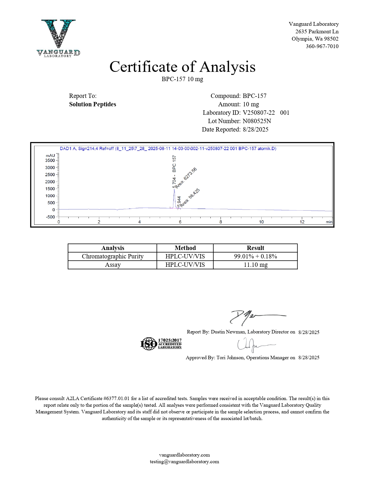 BPC-157 (10mg) Certificate of Analysis from Solution Peptides