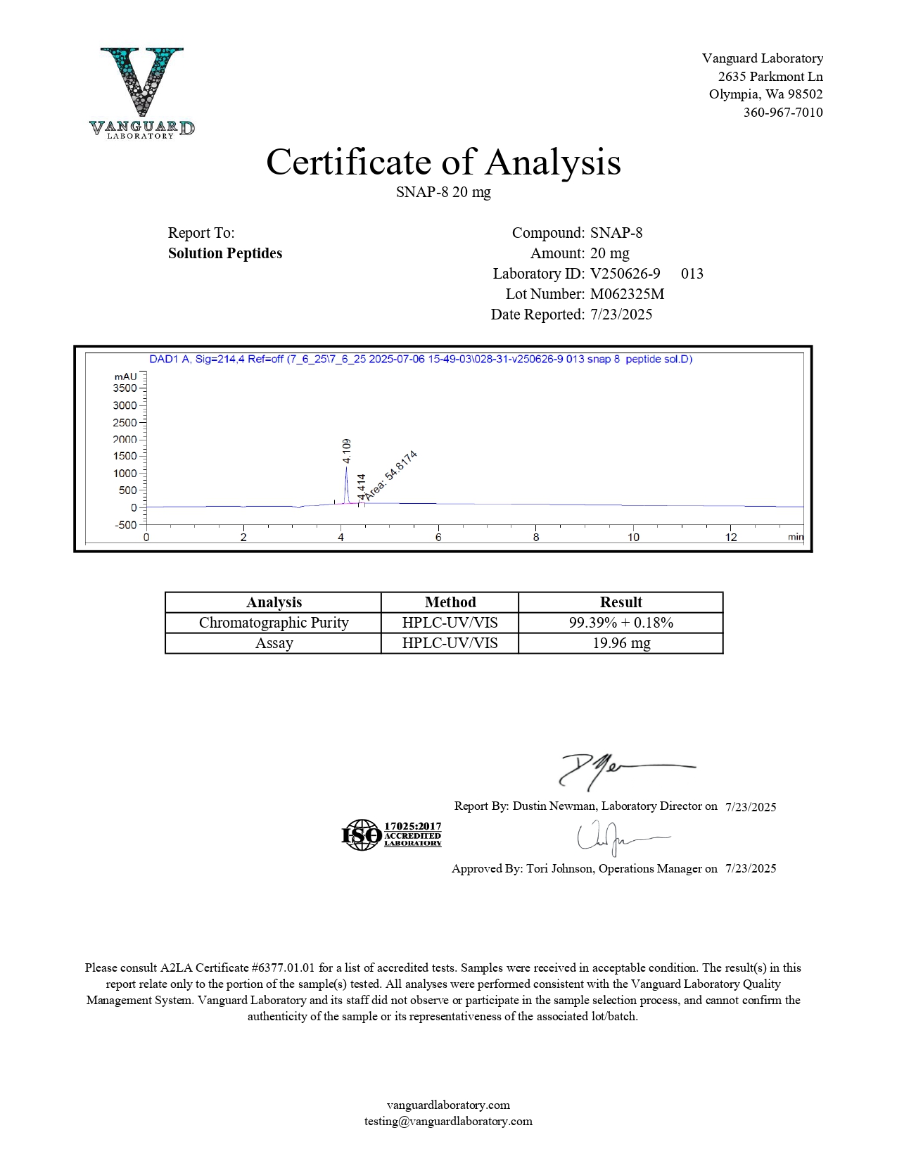 SNAP-8 (20mg) Certificate of Analysis from Solution Peptides