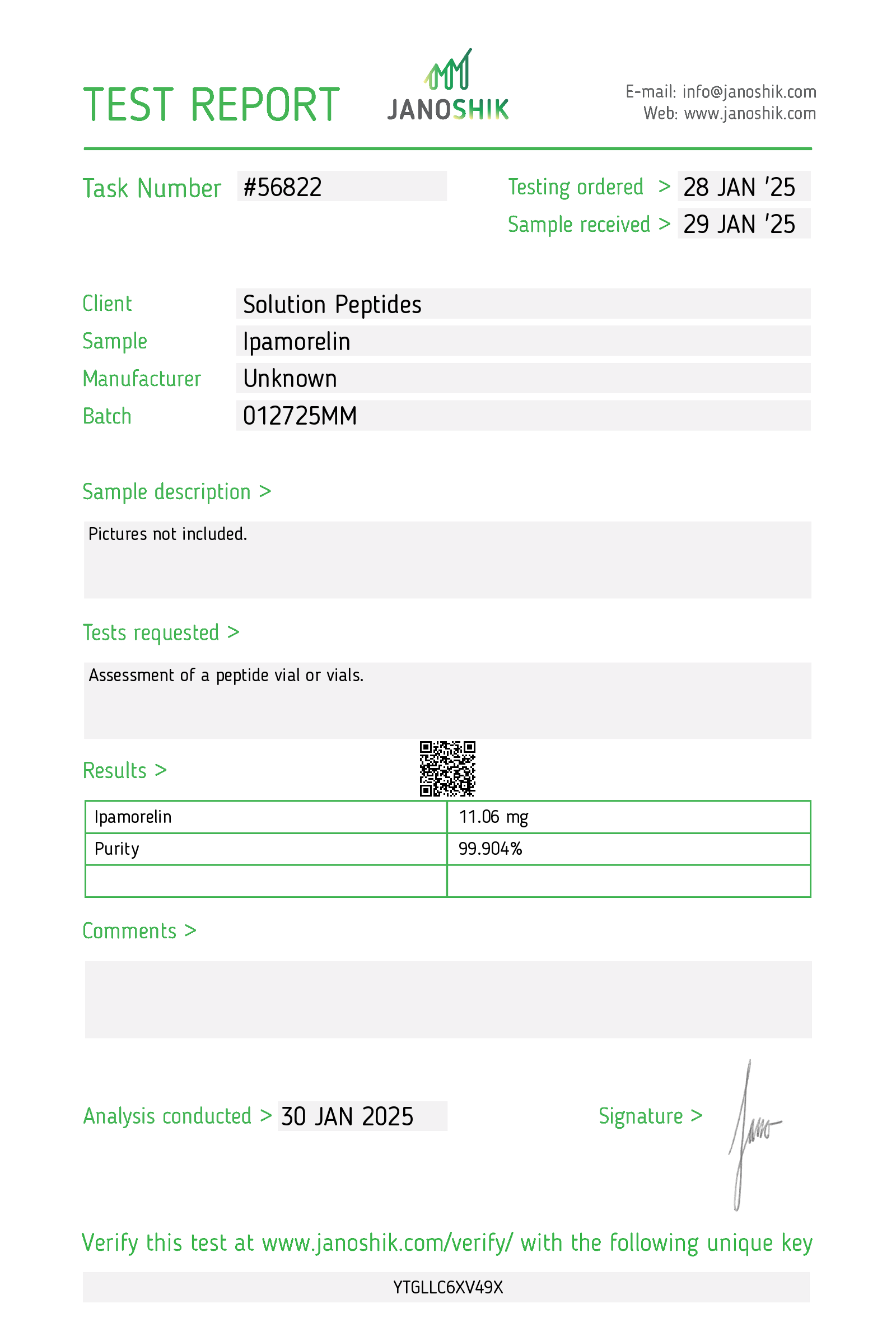 Ipamorelin (10mg) Certificate of Analysis from Solution Peptides