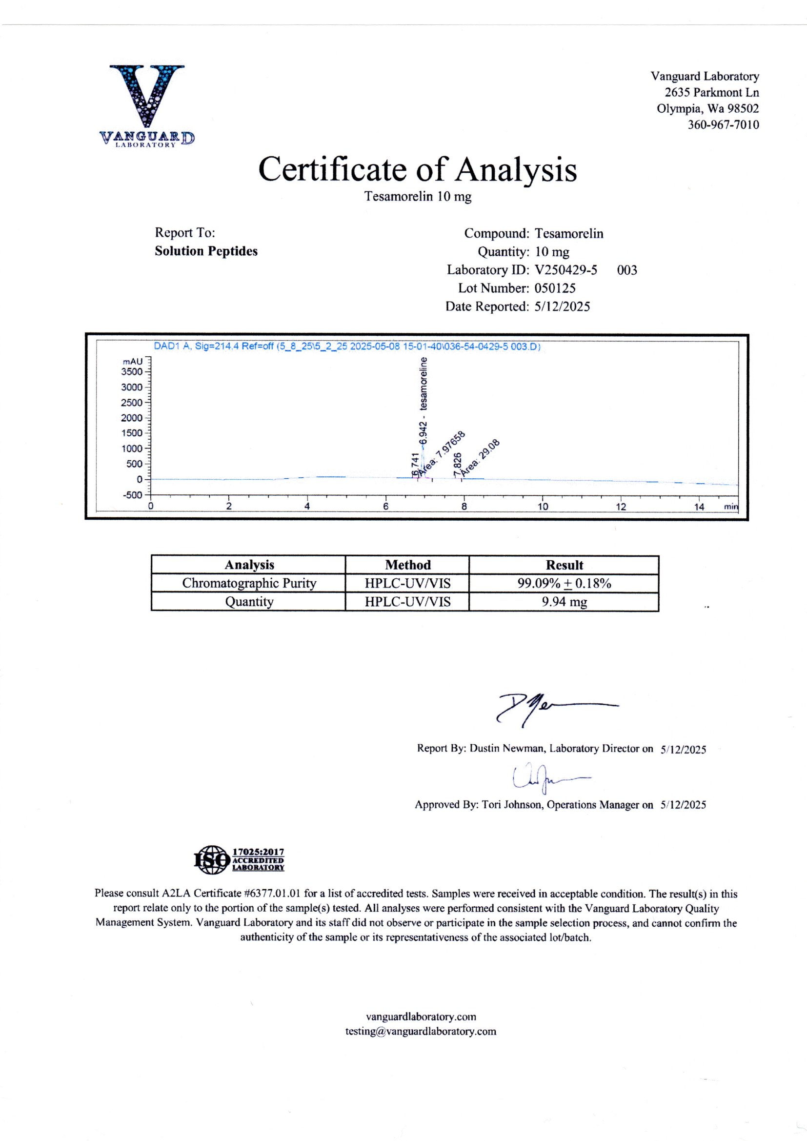 Tesamorelin (10mg) Certificate of Analysis from Solution Peptides