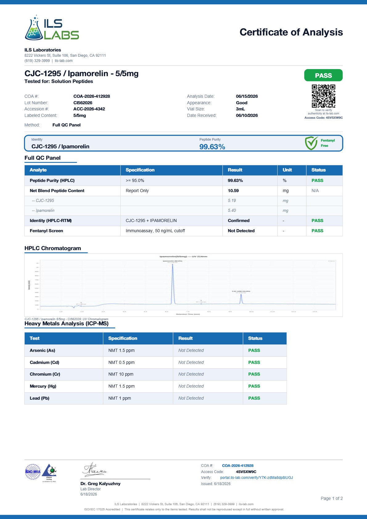 Ipamorelin/CJC-1295 (No DAC) (5/5mg) Certificate of Analysis from Solution Peptides