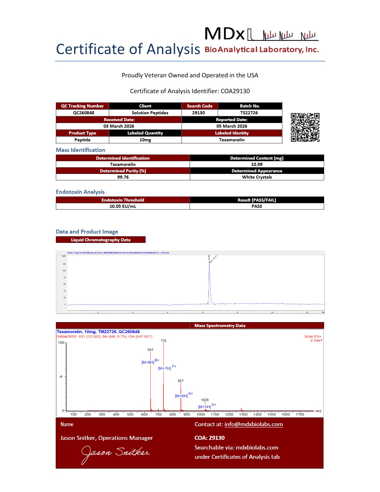 Tesamorelin (10mg) Certificate of Analysis from Solution Peptides