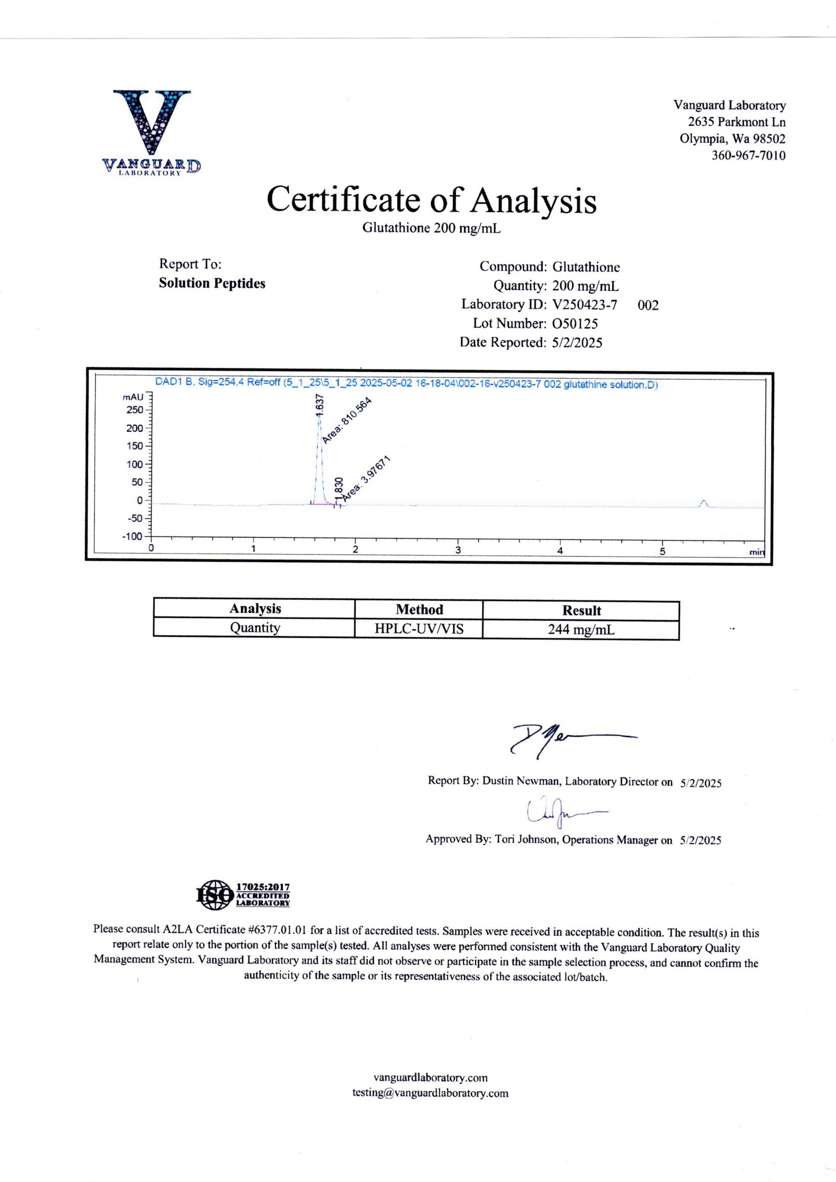 Glutathione (200mg/mL · 20mL) Certificate of Analysis from Solution Peptides