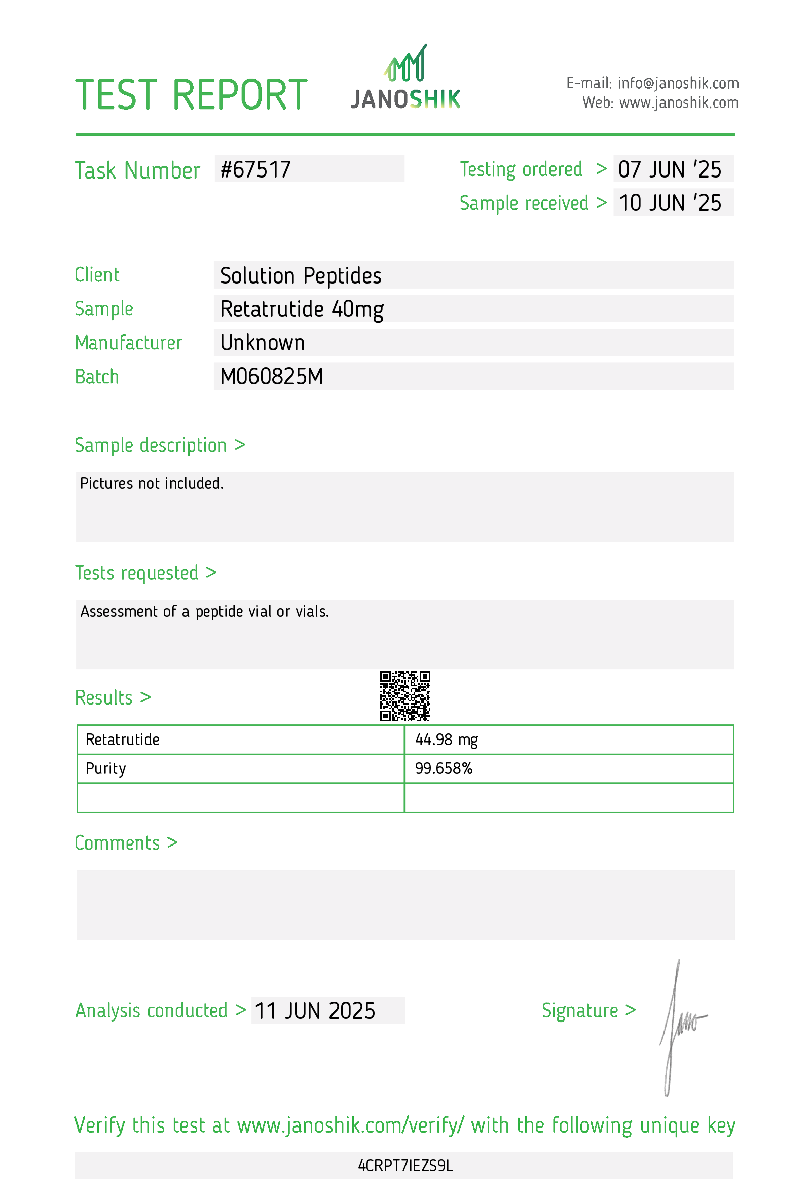 GLP-3R (40mg) Certificate of Analysis from Solution Peptides