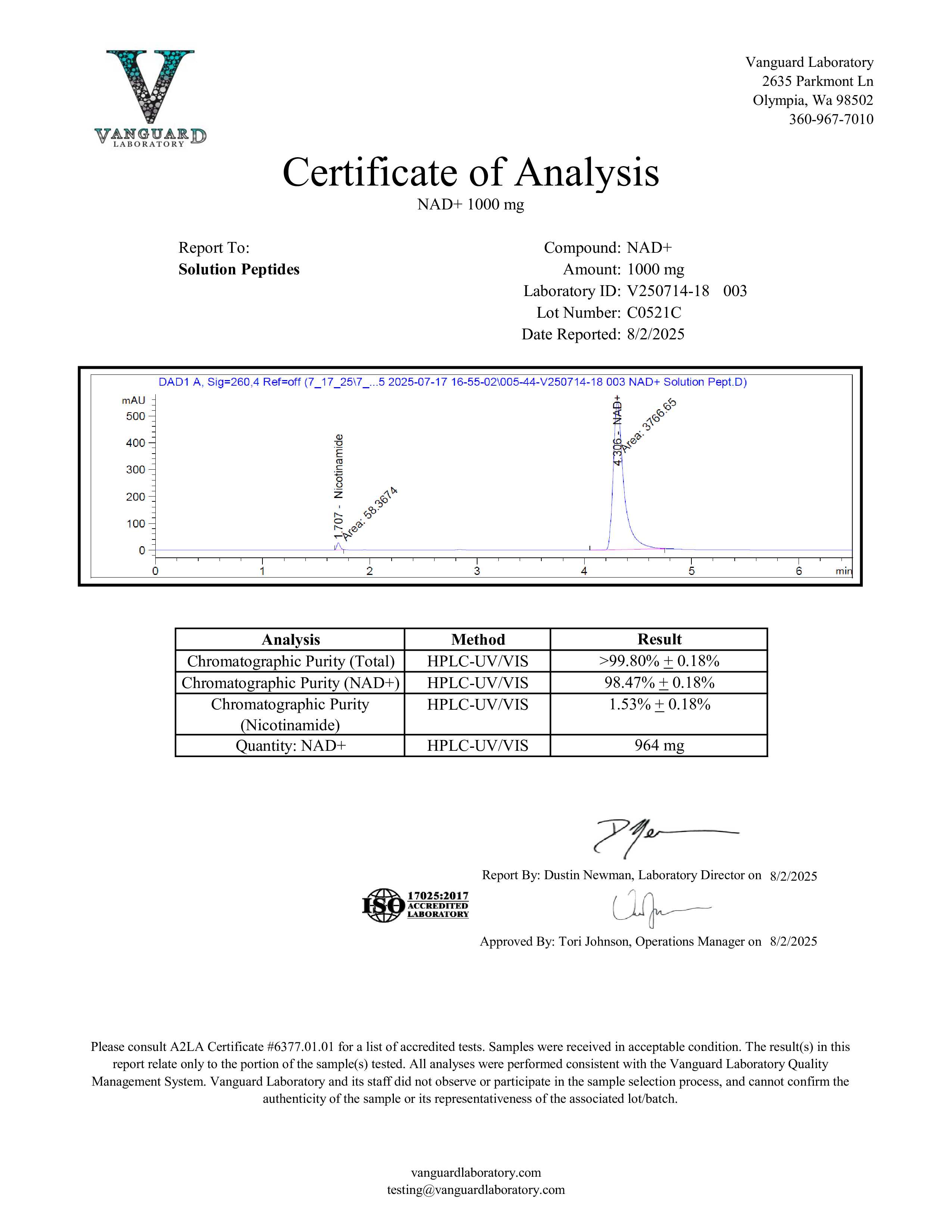 NAD+ (1000mg) Certificate of Analysis from Solution Peptides