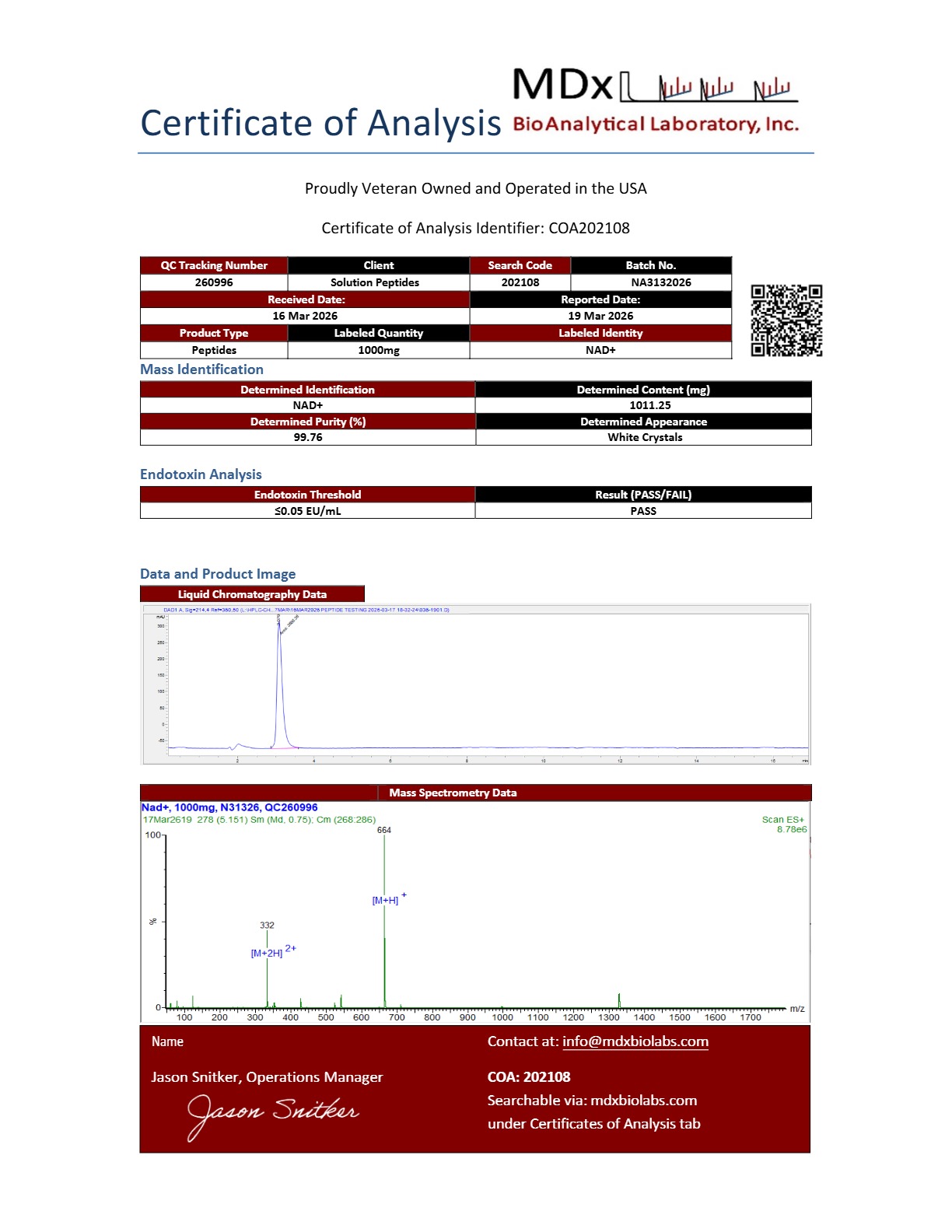 NAD+ (1000mg) Certificate of Analysis from Solution Peptides