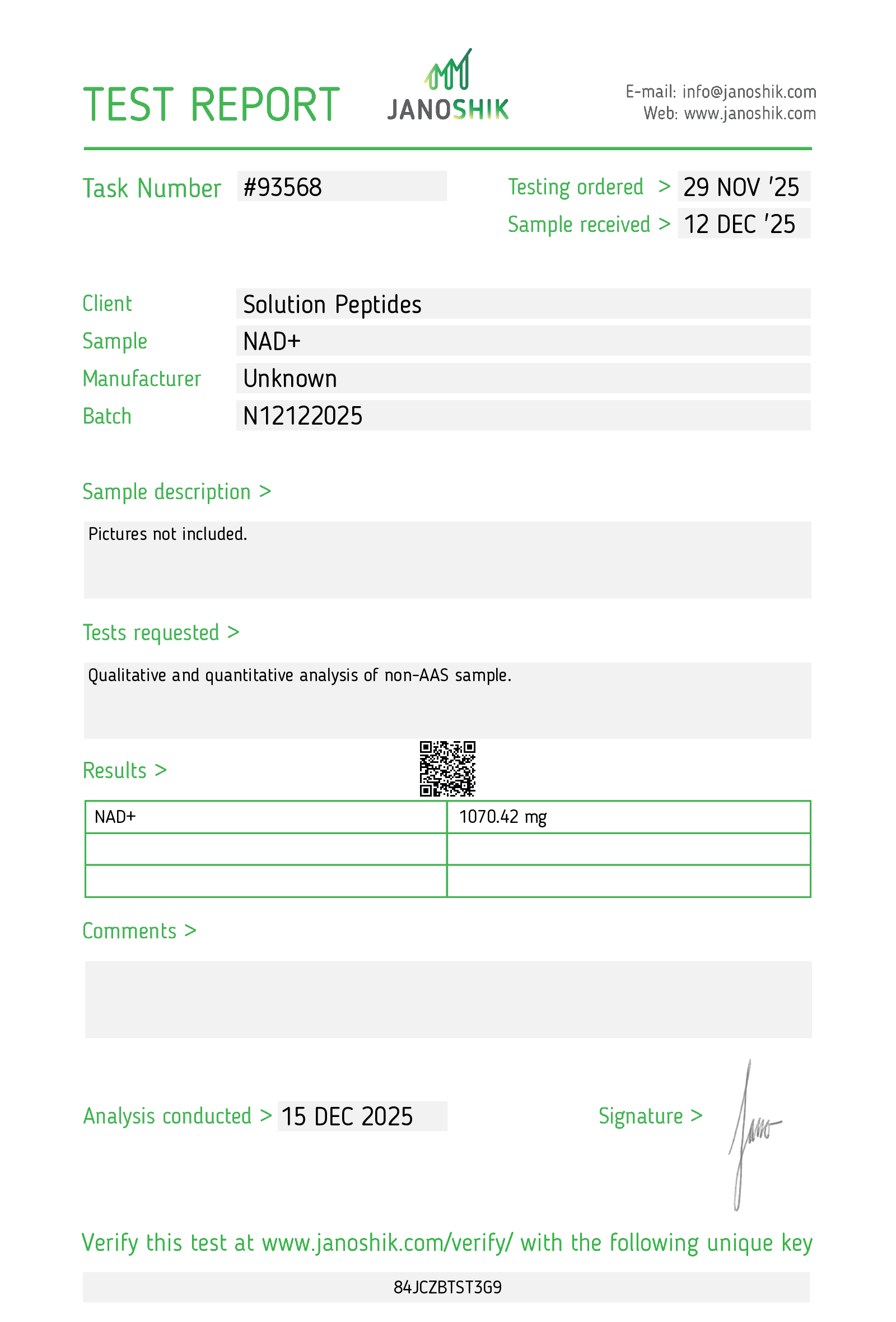 NAD+ (1000mg) Certificate of Analysis from Solution Peptides