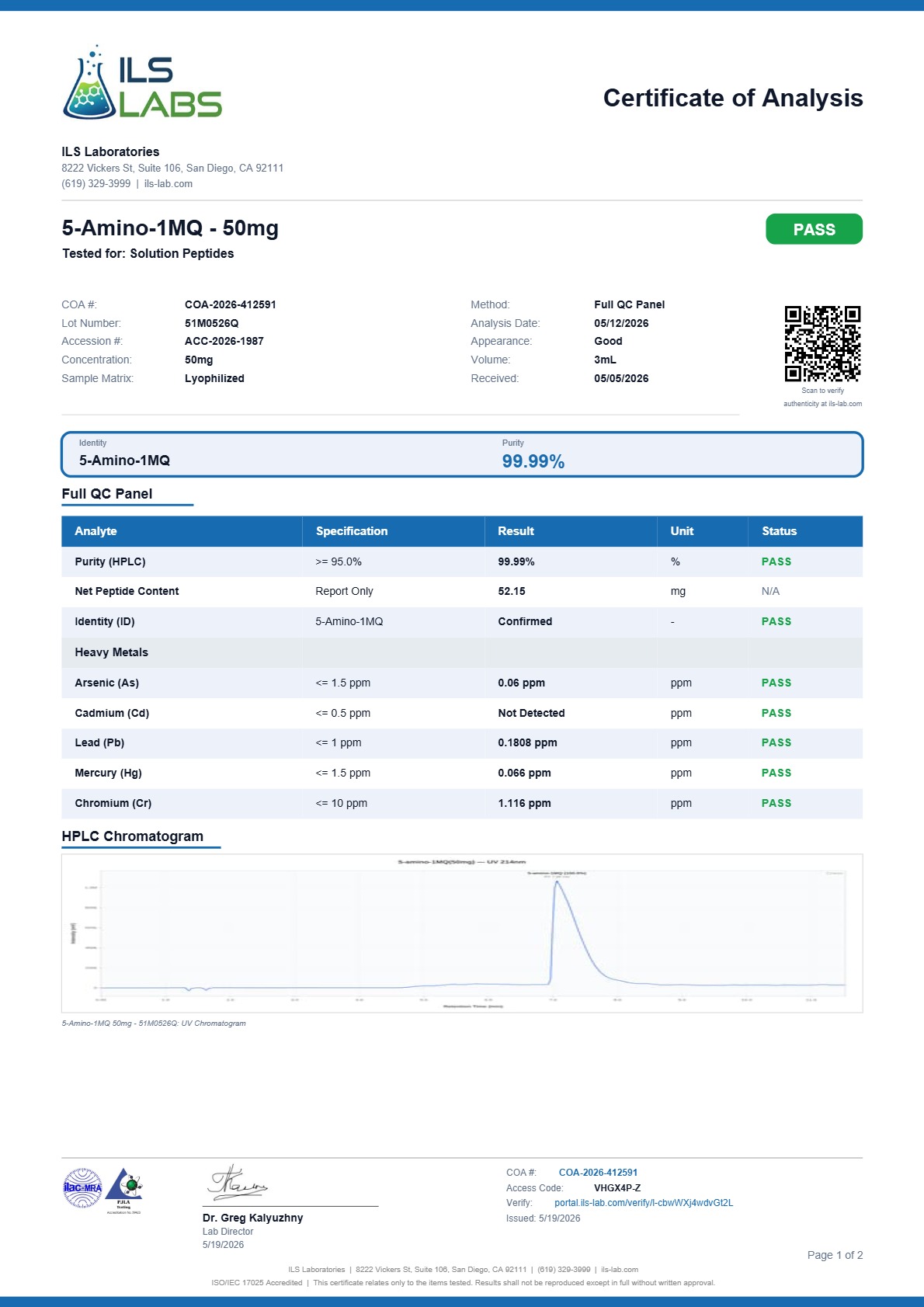 5-Amino-1MQ (50mg) Certificate of Analysis from Solution Peptides