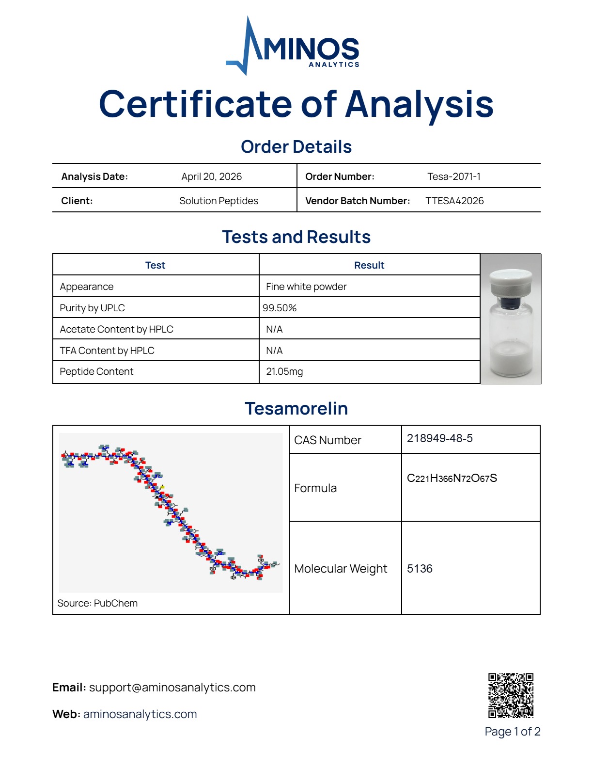 Tesamorelin (20mg) Certificate of Analysis from Solution Peptides