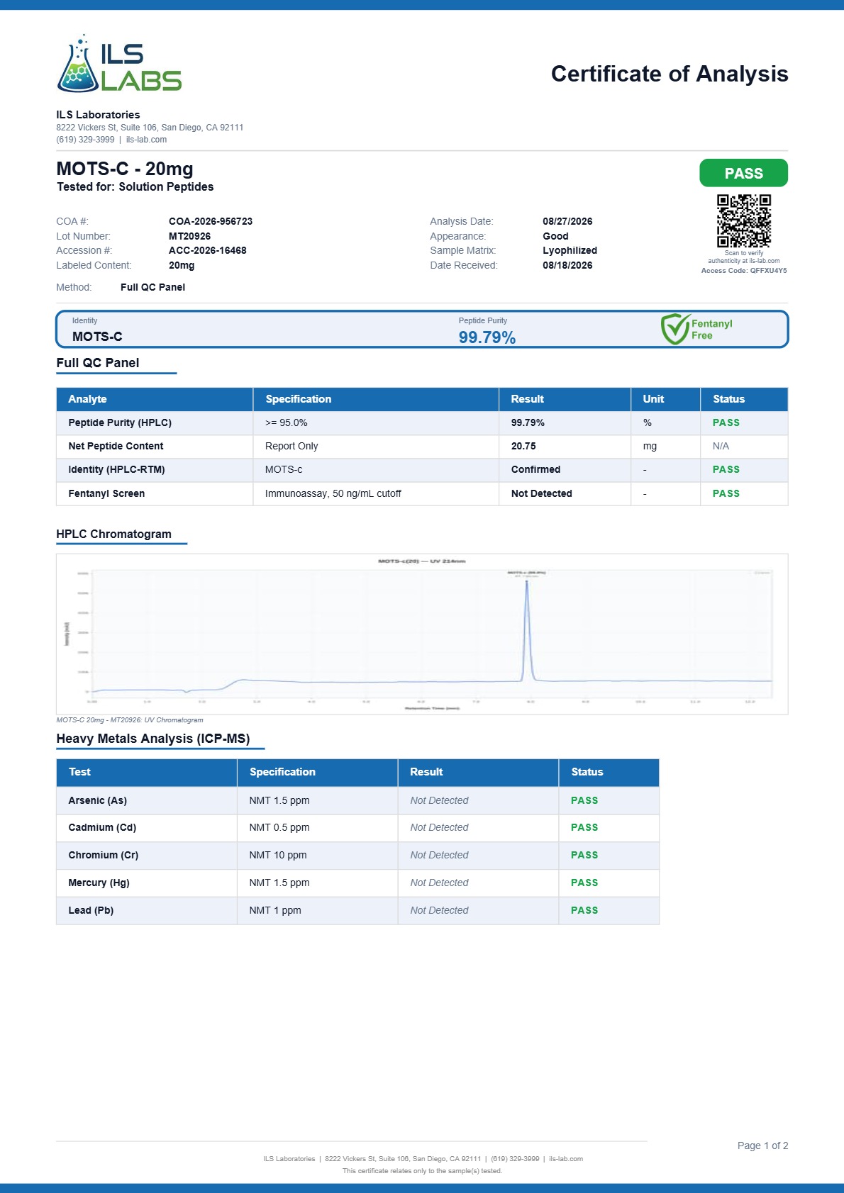 MOTS-c (20mg) Certificate of Analysis from Solution Peptides