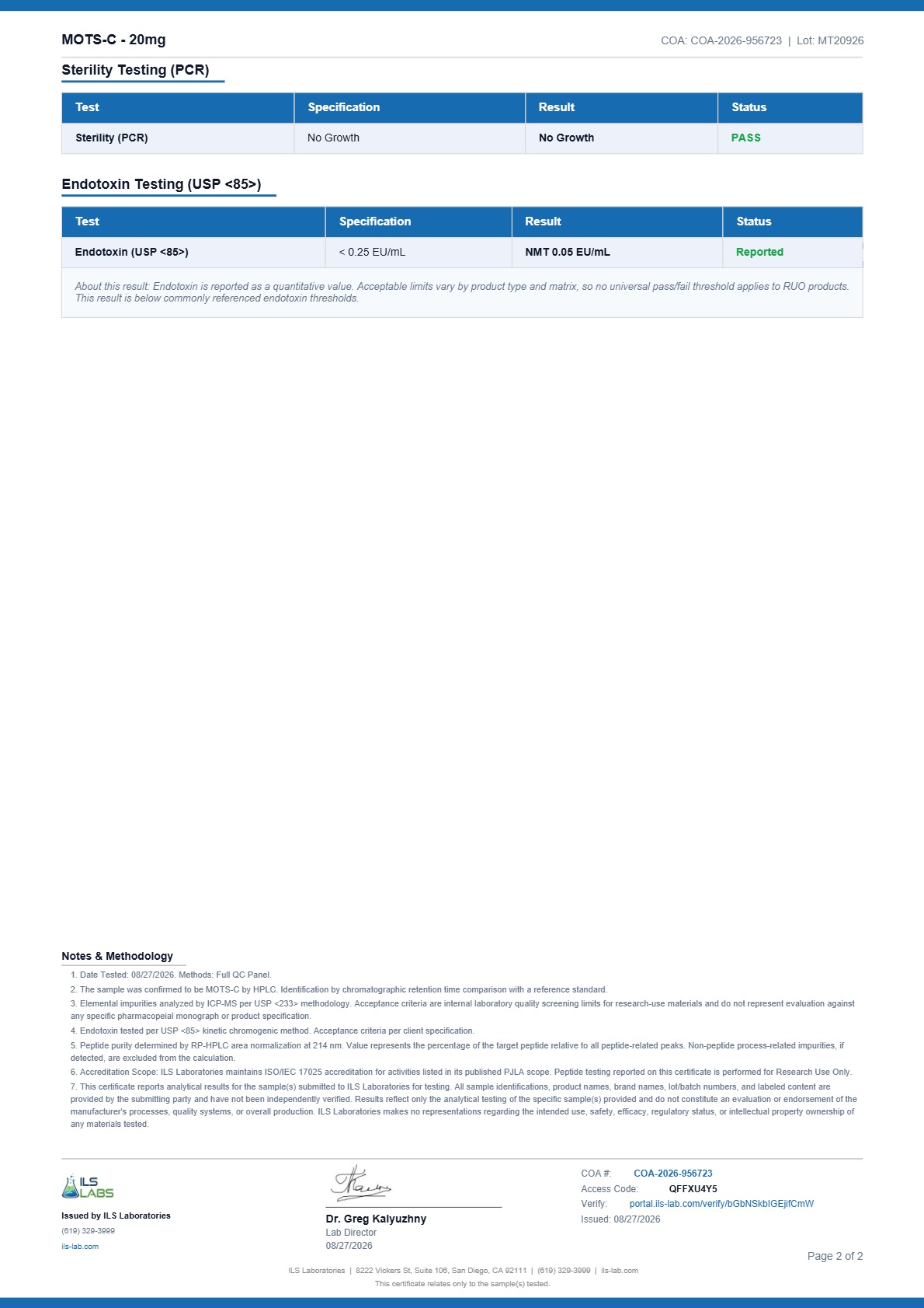 MOTS-c (20mg) Certificate of Analysis from Solution Peptides